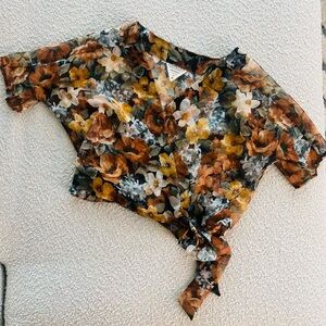 Conrado sheer floral cropped tie-waist overlay blouse